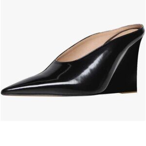 XYD Black Sharp Pointed Toe Mules Slides Slip On Wedges High Heel Sandals